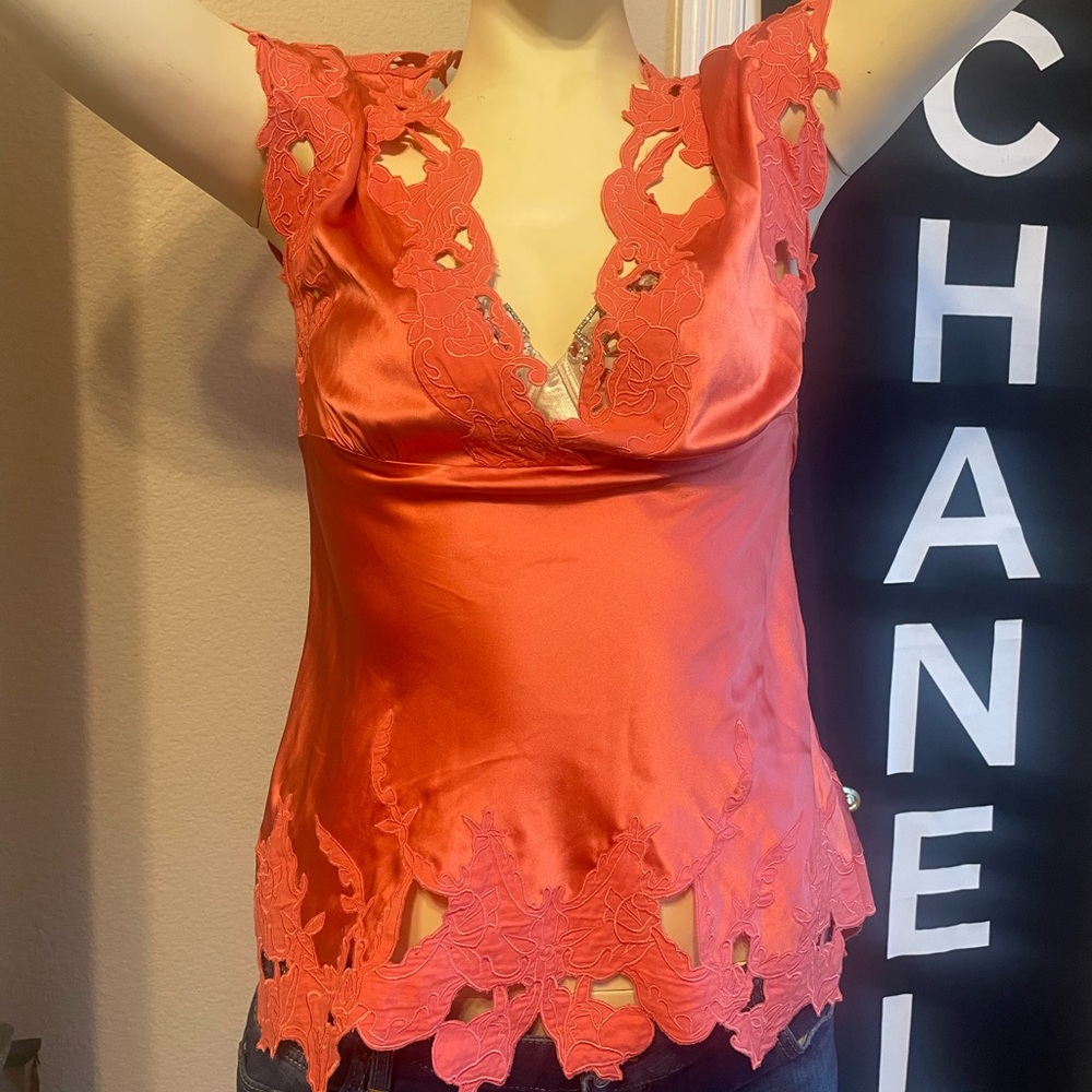 Marciano NWOT large coral silk embroidered cutout Trim Top M-L